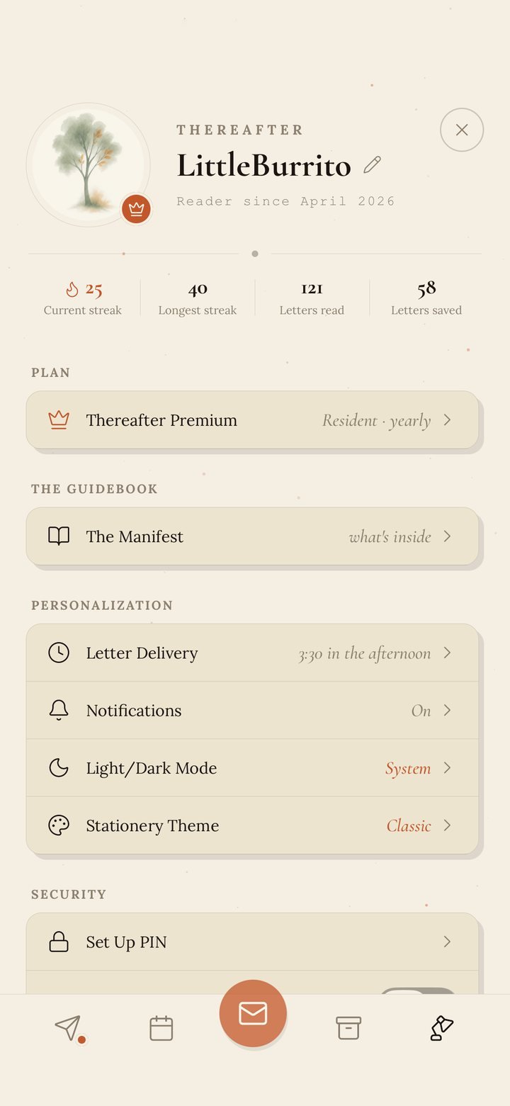 Your profile: reading streaks, letters read and saved, delivery hour, theme, PIN